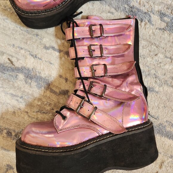 Demonia pink iridescent holographic platform combat boots size 10 - Picture 3 of 12